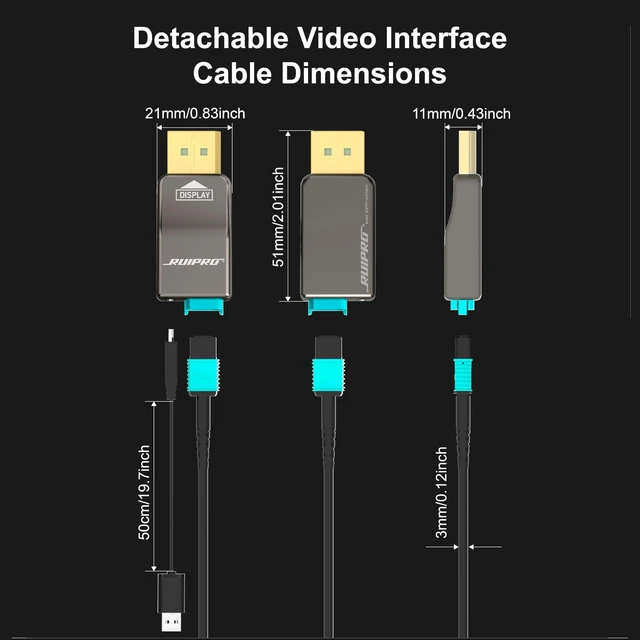 Alt view image 3 of 5 - RUIPRO 8K DisplayPort 1.4 Full Fiber Optic Armored Cable, Detachable, 3ft