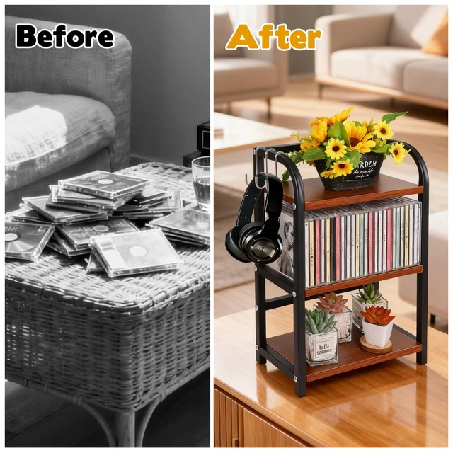 Alt view image 5 of 5 - Rainmae 3-Tier CD Storage Shelf for Display Wooden Metal CD Holder Desk Rack Organizer Sturdy Game Disc Display CD Organizer for Countertop Storage Media Shelf Home Office Ideal for Music Enthusiasts