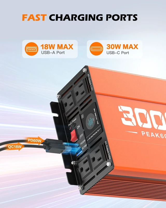Alt view image 5 of 5 - Joemnwart 3000W Power Inverter 12V DC to 120V AC Car Converter for RV Truck Inverter with 4 AC Outlets, USB/Type-C Fast Charging Ports, LCD Display