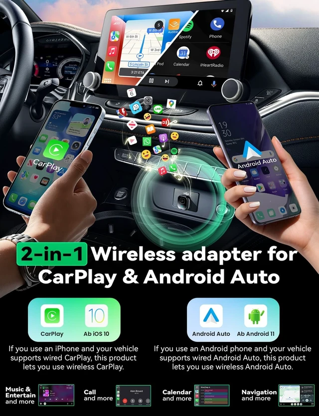 Alt view image 4 of 5 - Mavlou Wireless Carplay & Android Auto Adapter, Metal Design Mini & Stable 2-in-1 Dongle, Convert Vehicle's Wired CarPlay/Android Auto to Wireless, for iOS 10+/Android 11+ & Cars from 20