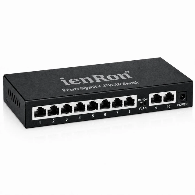 Main image of 10 Port Gigabit Ethernet Switch, 8 Port Gigabit + 2 Uplink Ports, Unmanaged Network Switch with AI VLAN Detection, Plug & Play, Fanless Metal Design ,4KV Lightning Protection for Home & Office