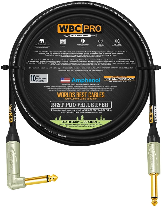 Main image of 8 Foot - WBC-PRO-Guitar 20 AWG - Low-Cap (18pF/ft) Pro-Grade Graphite-Based - Dual-Shielded Guitar, Bass, Instrument Cable with Amphenol QM2R-AU & QM2P-AU Inch (6.35mm) Gold TS Connectors