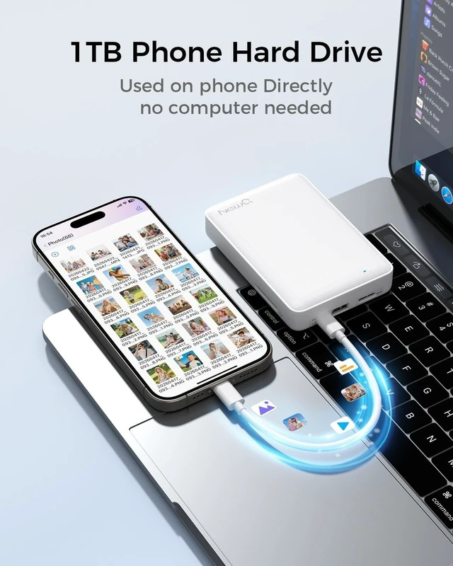 Alt view image 2 of 5 - NEWQ 1TB External Hard Drive for iPhone, USB-C & Lightning Compatible Photo Storage Device, One-Click Backup Photos/Videos to Free Up Phone Space, Offline Transmission Support