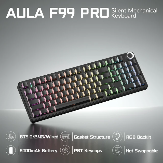 Alt view image 2 of 5 - Aula F99 Pro Wireless Silent Mechanical Office Keyboard with Knob Num Pad