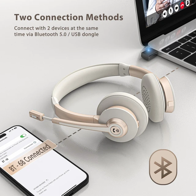 Alt view image 3 of 5 - Vonztek Wireless Headset, Bluetooth Headset with Microphone AI Noise Canceling/Charge Dock, Wireless Headphones with Mic Mute & USB Dongle for Computer Phone Remote Work Office Call Meet