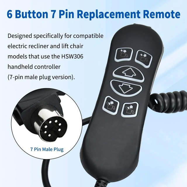 Alt view image 3 of 5 - HSW306 6 Button 7 Pin Lift Chair Remote Control for HHC Hand Control Switch