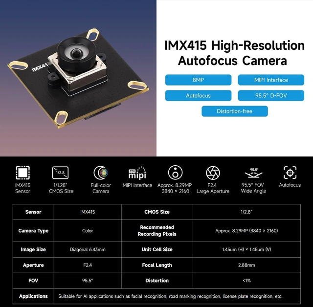 Alt view image 3 of 5 - KLAYERS IMX415 8MP MIPI Camera Module Autofocus, 95.5 D-FOV, Distortion-Free, Compatible with RPi 5