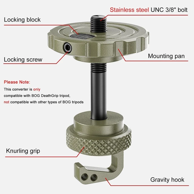 Alt view image 2 of 5 - EVUMO Ball Head Conversion Adapter for BOG DeathGrip Tripod, 6061-T6 Aluminum Converter with 3/8'' UNC Bolt for Upgrading BOG DeathGrip Shooting Tripod (Green)