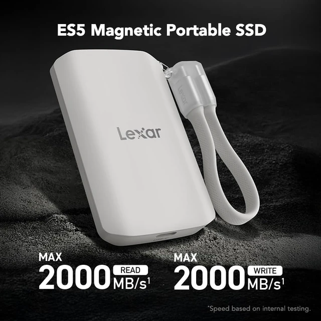 Alt view image 2 of 5 - Lexar 2TB ES5 Magnetic External SSD, Up to 2000MB/s, Compatible w/MagSafe, USB-C Smartphones, iPhone 15/16 or Above, PC, Mac, Supports Apple ProRes & Samsung Pro Video, Silver (LES5XXX002T-RNWNU