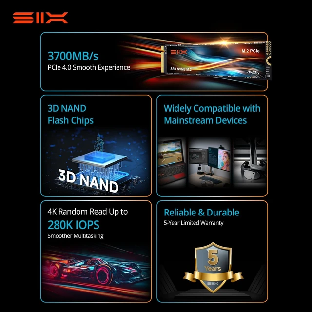 Alt view image 3 of 5 - SIX X5000 1TB M.2 2280 SSD PCIe Gen4x4 NVME SSD Solid State Drive - Up to 3700MB/s Read, 2500MB/s Write