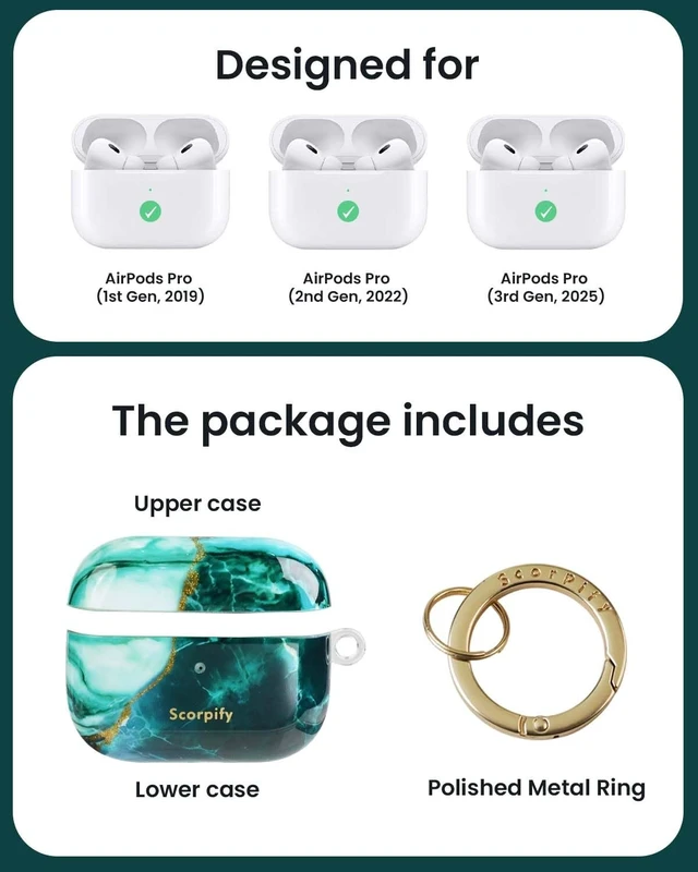Alt view image 3 of 5 - SCORPIFY for AirPods Pro 3 Case (3rd Generation, 2025) with Keychain, Compatible with Apple AirPod Pro 3, Cute Hard Shell Cover, Wireless Charging Earbuds Case for Women - Emerald Gre
