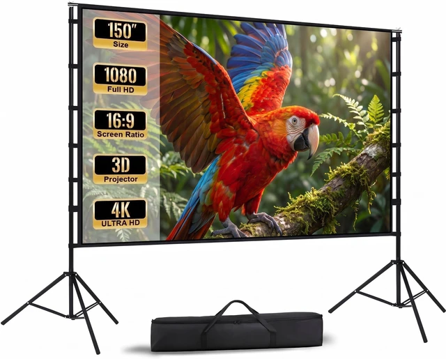 Main image of Outdoor Projector Screen with Stand - 150 Inch Portable Projector Screen Outdoor Indoor Projection Screens 16:9 4K HD Movie Screens with Carry Bag Lightweight Movie Night Supplies