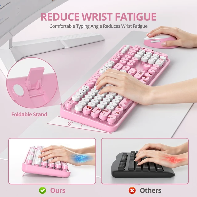 Alt view image 4 of 5 - Ussixchare Pink Wireless Keyboard and Mouse, Cute Keyboard and Mouse Combo, Full Size Typewriter Keyboards with Number Pad, Colorful Key Board for Pc Laptop