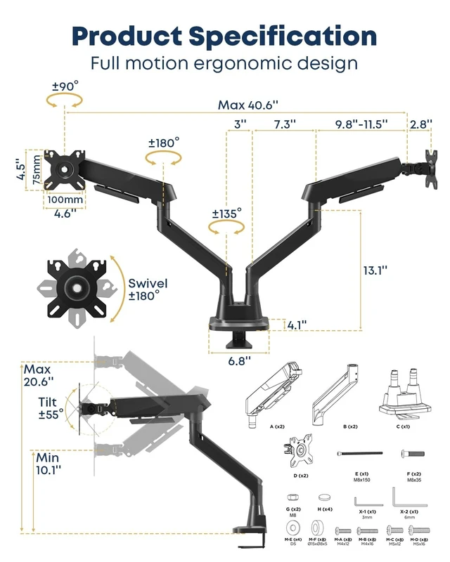 Alt view image 4 of 5 - Dual Monitor Arm fits 17-35 inch Heavy Duty Flat/Curved Monitors