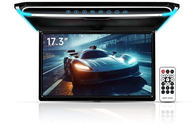 Main image of 17.3 Inch Flip Down Car Monitor High-Definition Digital TFT Wide Screen with 1080P Video Display Capability, Integrated HDMI, IR, FM, USB, and SD Functionality.