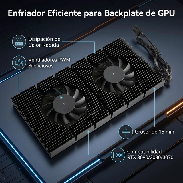 Alt view image 2 of 5 - Pomya GPU Backplate Cooler with Dual 4-Pin 5000RPM Fans, Aluminum Alloy Heatsink for RTX 3090 3080 3070 Graphics Card, Memory Cooling Kit for Vertical Mount