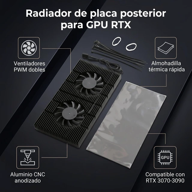Alt view image 3 of 5 - Pomya GPU Backplate Cooler with Dual 4-Pin 5000RPM Fans, Aluminum Alloy Heatsink for RTX 3090 3080 3070 Graphics Card, Memory Cooling Kit for Vertical Mount