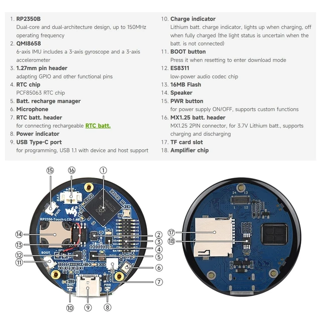 Alt view image 5 of 5 - KLAYERS RP2350 All in One High-Performance Development Board with 1.46inch Round Display,480x480 IPS Capacitive Touchscreen, 6-Axis IMU, RTC, and Dual-Core ARM/RISC-V Processing,Without Cover Glass