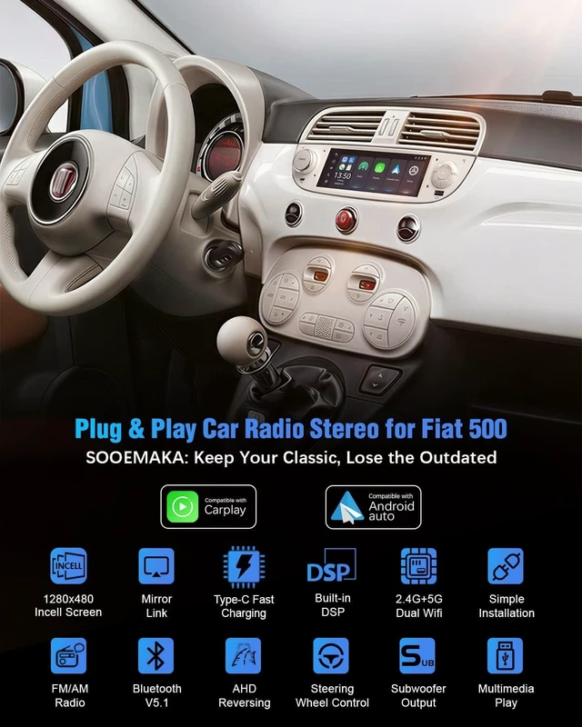Alt view image 2 of 5 - SOOEMAKA Car Stereo Radio for Fiat 500 2007-2015, CarPlay&Android Auto