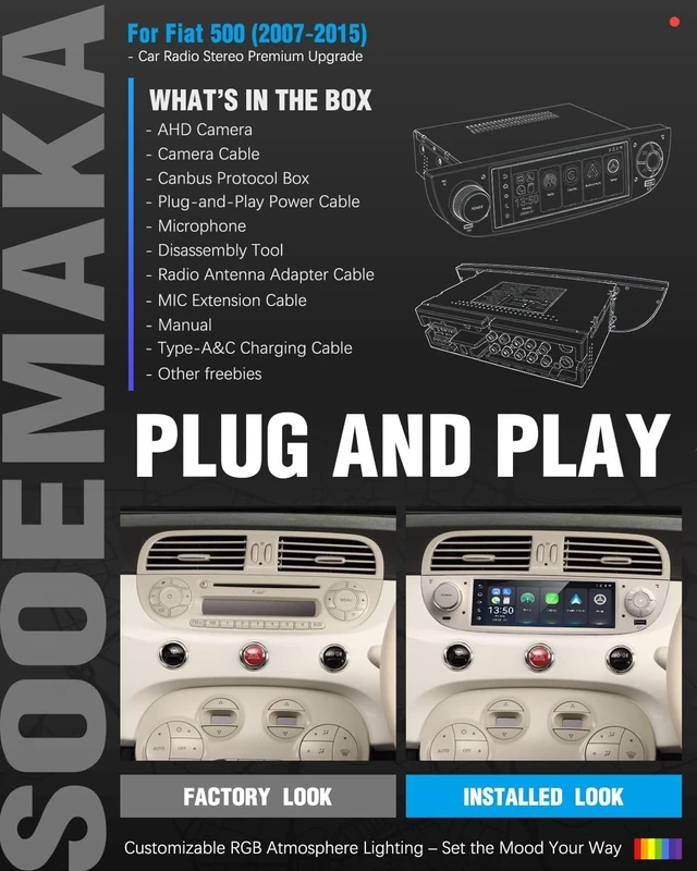 Alt view image 4 of 5 - SOOEMAKA Car Stereo Radio for Fiat 500 2007-2015, CarPlay&Android Auto