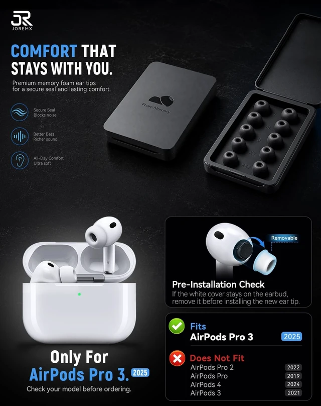 Alt view image 2 of 5 - joremx Memory Foam Replacement Ear Tips for AirPods Pro 3 (Medium)-Black