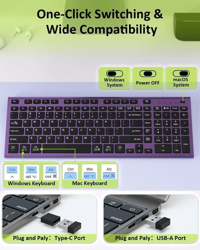 Alt view image 2 of 5 - FENIFOX Wireless Keyboard, Silent Flat Soft Cover with Number Pad (Black and Purple)