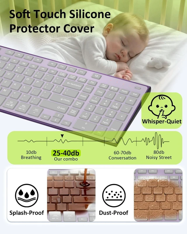 Alt view image 3 of 5 - FENIFOX Wireless Keyboard, Silent Flat Soft Cover with Number Pad (Black and Purple)