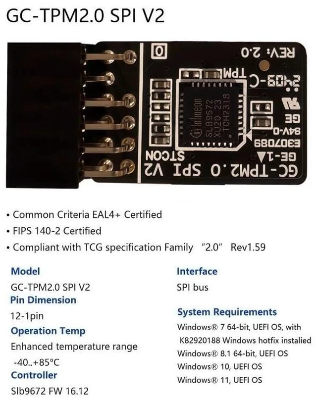 Alt view image 2 of 5 - Zahara PM2.0 SPI V2 TPM Module(12pin-1) SLB9672 for GIGABYTE X870E