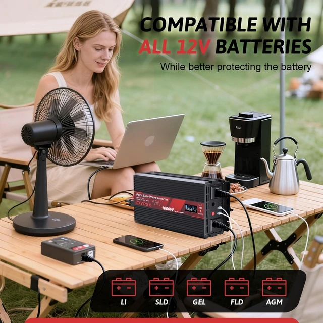 Alt view image 2 of 5 - OYPSX 1000W Power Inverter 12V to 110V 120V AC Pure Sine Wave Inverter for RV Truck Camping,Outdoor Off-Grid Power Converter with LCD Display,Wired Controller,AC Outlets USB Ports (12V-1000Watt)