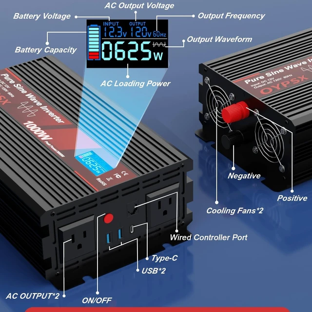 Alt view image 3 of 5 - OYPSX 1000W Power Inverter 12V to 110V 120V AC Pure Sine Wave Inverter for RV Truck Camping,Outdoor Off-Grid Power Converter with LCD Display,Wired Controller,AC Outlets USB Ports (12V-1000Watt)