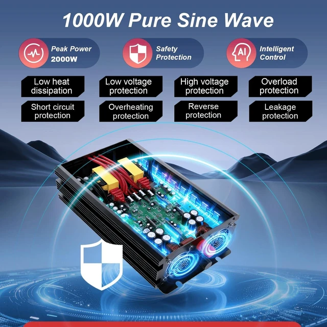 Alt view image 4 of 5 - OYPSX 1000W Power Inverter 12V to 110V 120V AC Pure Sine Wave Inverter for RV Truck Camping,Outdoor Off-Grid Power Converter with LCD Display,Wired Controller,AC Outlets USB Ports (12V-1000Watt)