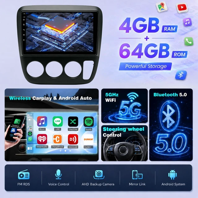 Alt view image 3 of 5 - Upgrcaru 4+64G Car Radio for Honda CRV 1997 1998 1999 2000 2001 Manual A/C