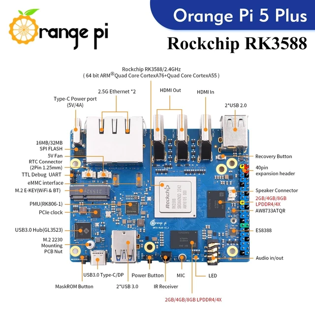 Alt view image 2 of 5 - Orange Pi 5 Plus 16GB Rockchip RK3588 8 Core 64 Bit Single Board Computer, 2.4GHz Frequency 8K Video Decoding Open Source Development Board Run Orange Pi OS, Android, Debian, Ubuntu (5 Plus 16G)