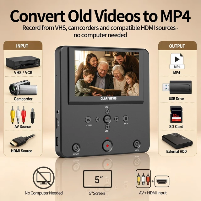Alt view image 2 of 5 - Clariviews DVR550 VHS to Digital Converter, Standalone HDMI/AV Video Recorder with 5-Inch Screen, Save MP4 to USB, SD Card or External Hard Drive, Wireless Transfer, No PC Required