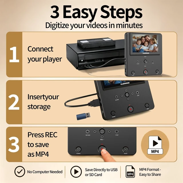 Alt view image 3 of 5 - Clariviews DVR550 VHS to Digital Converter, Standalone HDMI/AV Video Recorder with 5-Inch Screen, Save MP4 to USB, SD Card or External Hard Drive, Wireless Transfer, No PC Required