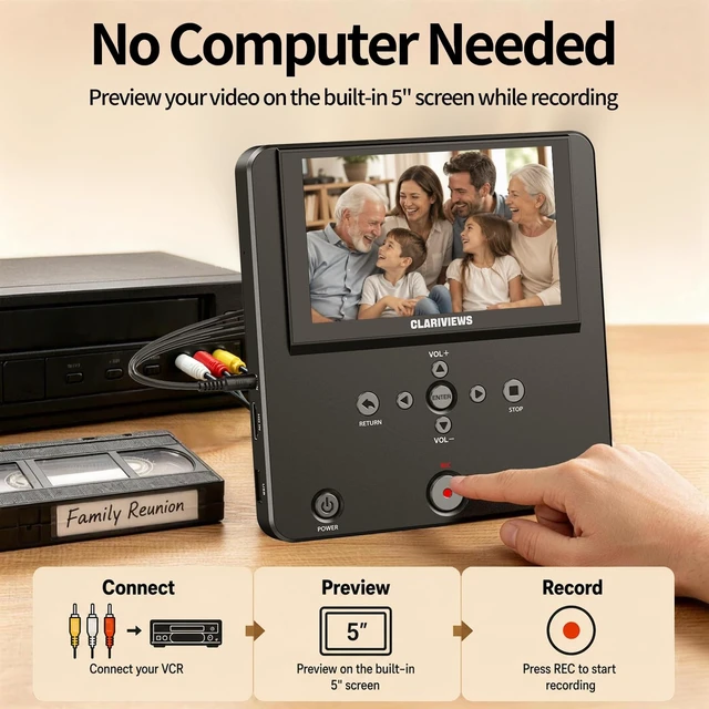 Alt view image 5 of 5 - Clariviews DVR550 VHS to Digital Converter, Standalone HDMI/AV Video Recorder with 5-Inch Screen, Save MP4 to USB, SD Card or External Hard Drive, Wireless Transfer, No PC Required