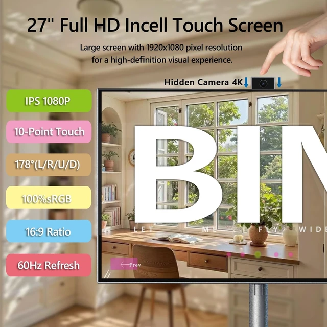 Alt view image 4 of 5 - 27" FHD Portable Smart TV,6GB+128GB Storage Android 13 Touch MonitorGray
