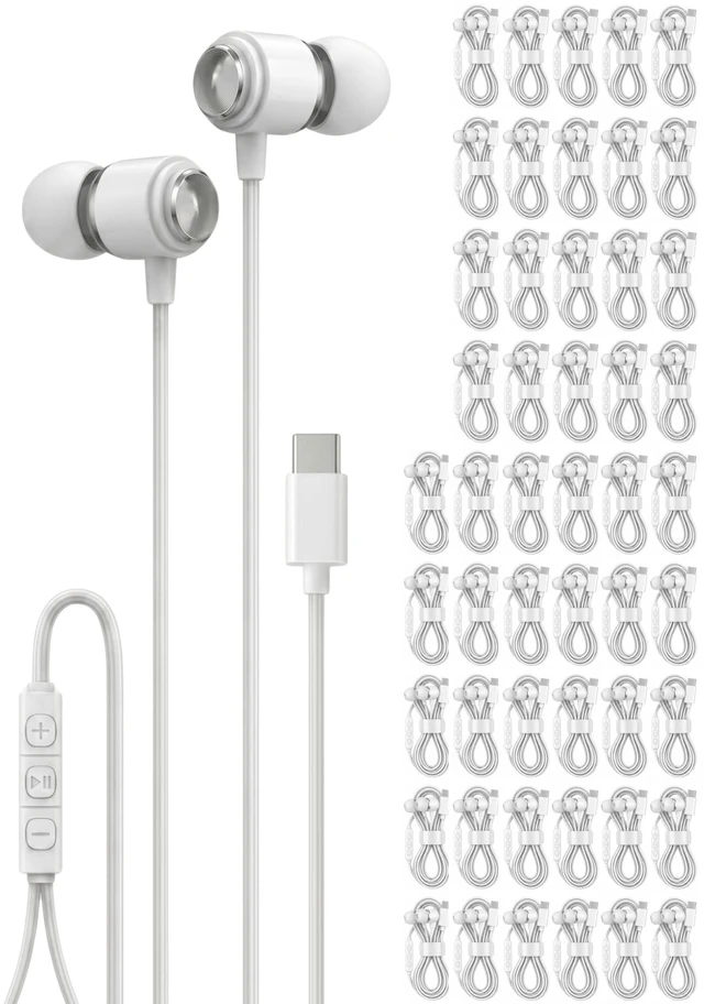 Main image of Halo 50-Pack USB C Headphones with Microphone, Bulk Wired Earbuds for School & Office, Type C Earphones for iPhone 17 16 15 Pro Max, iPad, Samsung Galaxy S26 S25, Pixel, Individually Packed, Whi