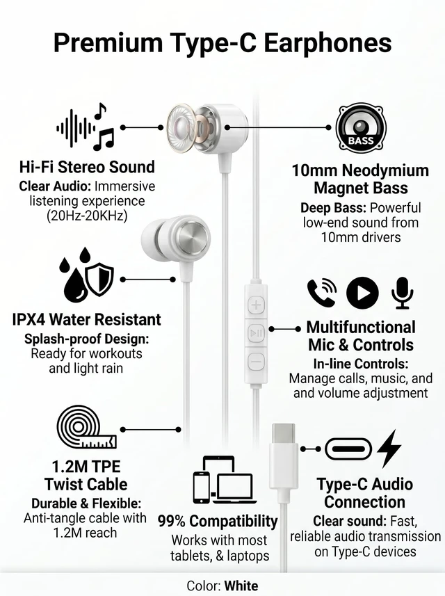 Alt view image 2 of 5 - Halo 50-Pack USB C Headphones with Microphone, Bulk Wired Earbuds for School & Office, Type C Earphones for iPhone 17 16 15 Pro Max, iPad, Samsung Galaxy S26 S25, Pixel, Individually Packed, Whi