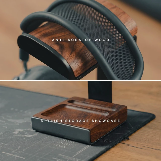 Alt view image 3 of 5 - COREMINDED Universal Headphone Stand for Desk, Walnut Wood Headset Holder