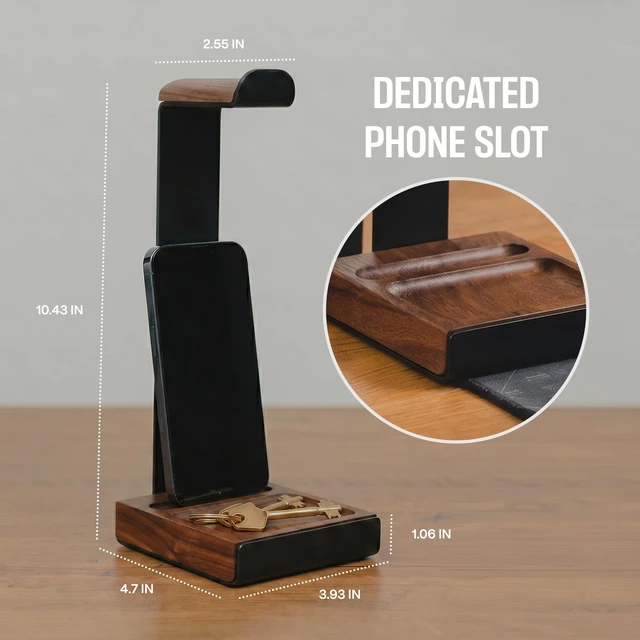 Alt view image 4 of 5 - COREMINDED Universal Headphone Stand for Desk, Walnut Wood Headset Holder