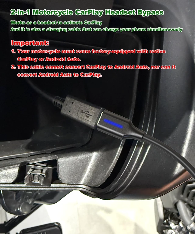 Alt view image 2 of 5 - Rsizbahr 2-in-1 USB-A/C Bypass Motorcycle CarPlay Bluetooth Headset Cable