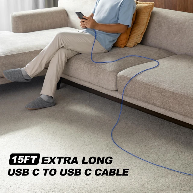 Alt view image 4 of 5 - Extra Long USB C Cord 15FT, 100W USB-C to USB-C Cable Fast Charger USBC