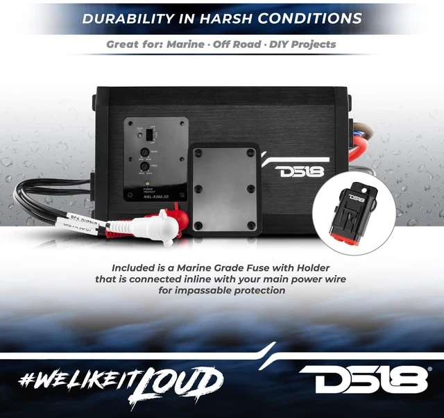 Alt view image 3 of 5 - DS18 NXL-X360.2D 2 Channel Marine Waterproof Amplifier - Class D Full-Range 180 x 2 Watts @ 4-Ohm 1000 Watts Peak - Great for Boats, Motorsports, Motorcycles, and All Elements Applications