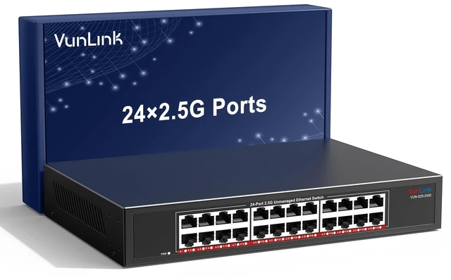 Main image of 2.5Gb Ethernet Switch 24 Port Unmanaged, VunLink 242.5GbE RJ45 Multi-Gigabit Network Switch, Plug & Play, Rackmount/Desktop, Fanless Metal Design for NAS, Gaming, Office & Home Network