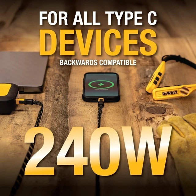 Alt view image 3 of 5 - DEWALT Heavy Duty USB C to USB C Fast Charging Cables w/Kevlar Flat 240W USBC to USBC Charge Cables High Speed Type C Charging for iPhone 17,18,16,15 Series, Samsung Galaxy, MacBook, Pixel, 2-Pa