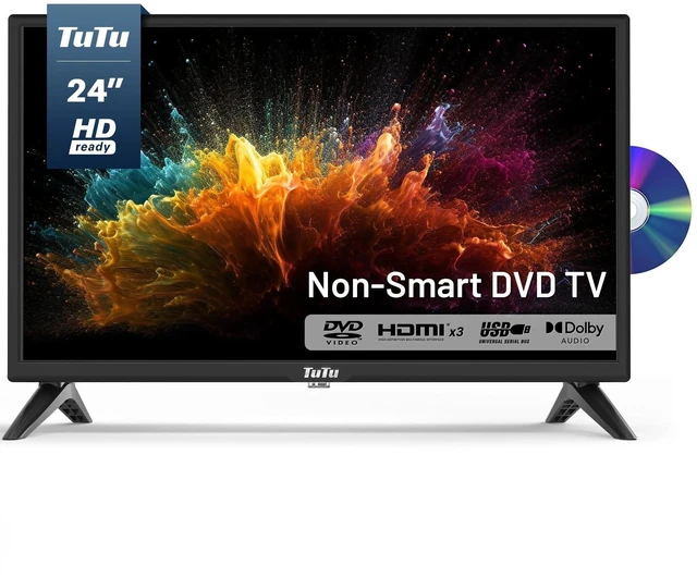 Main image of TuTu 24 Inch HD TV with DVD, 2K LED Small Flat Screen Non-Smart DVD Television, Works with Apple TV, Fire Stick, Roku, Google, TiVo, Xumo, and Streaming Devices