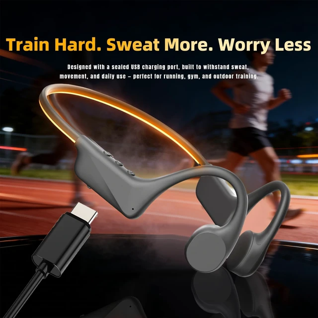 Alt view image 2 of 5 - Night running bone conduction headphones, open-ear design, Bluetooth 6.0, IP54 water resistance, with glow-in-the-dark lights, 1012 hours of battery life, supports connection to two devices