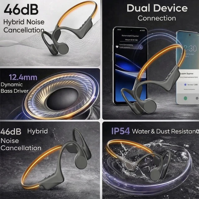 Alt view image 5 of 5 - Night running bone conduction headphones, open-ear design, Bluetooth 6.0, IP54 water resistance, with glow-in-the-dark lights, 1012 hours of battery life, supports connection to two devices