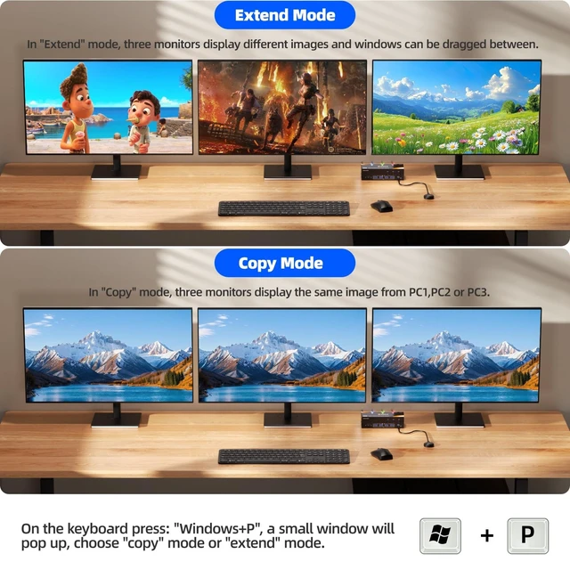Alt view image 4 of 5 - 8K KVM Switch 3 Monitors 3 Computers HDMI Displayport KVM 3 Port 4K@144Hz